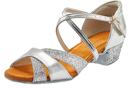 missfiona Girls Ballroom Dance Shoes Glitter Latin Shoes(13 UK, Silver)