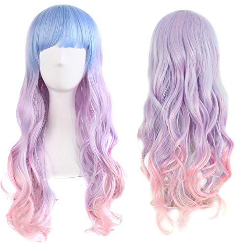 Colorful panda - Parrucche colorate sintetiche con capelli ondulati e lunghi con frangia, per donne o ragazze, adatte per feste, per cosplay e Halloween (multicolore)