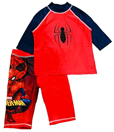 SPIDER-MAN Marvel Boys Swimming Costume, 2 Piece Swimwear Set with Rash Vest and Swim Shorts, Kids Beach Holiday Pool Swim Suit, Ages 4-5 Years Red