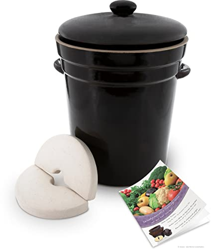 Kerazo - Pentola per fermentazione originale, 8 litri, con coperchio e pietra [forma 3], colore marrone scuro