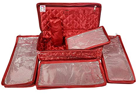 atorakushon Satin Maroon Make-Up Pouch Jewellery Box 4 Pouch 1 roll Bangle in Cosmetic Bag Necklace Earrings Vanity Jewellery Organiser For Women's