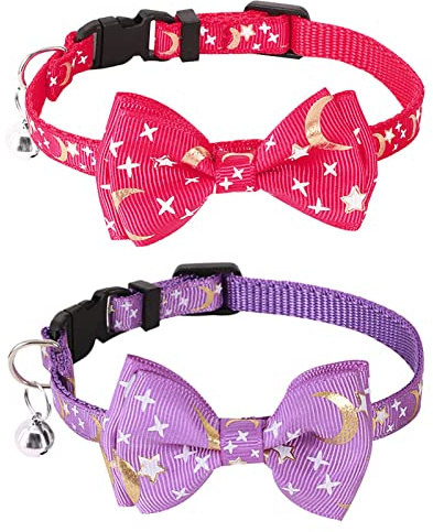 2PCS Cat Collars Quick Release Buckle Adjustable Cat Collar Breakaway Moon and Stars Kitten Collar Small Pet Collar Cat Id Collars Kitten Safety Collar with Bell and Detachable Bow Tie Collar for Cats