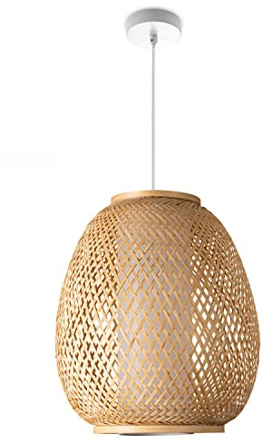 Paco Home Deckenlampe Bambus Hängeleuchte Boho Wohnzimmer Hängend Natur Korblampe Vintage E27 Retro 1,5m Textilkabel, Lampenart:Pendelleuchte - Typ 4, Leuchten Farbe/Größe:Natur (Ø32cm)
