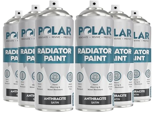 Polar Radiator Spray Paint - 3-in-1 Primer, Under- & Topcoat - Heat Resistant up to 170°C - For Radiators, Hot Pipes & Towel Rails - Satin Finish - Anthracite - 6 x 400ml