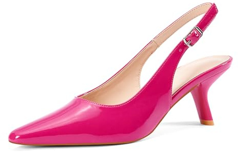 GENSHUO Slingback pumps för kvinnor med kattunge – Charmiga klädskor med spetstår och 6 cm klack i svart/silver/fuchsia av lackläder och mocka., Fuchsie, 41 EU