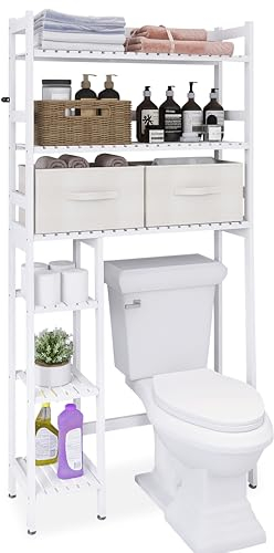 SMIBUY über der Toilette Aufbewahrung mit Schubladen, großem platzsparenden Ständer im Badezimmer, freistehender Toilettenständer mit 6-stöckigem Regal und Fußpolster für die Toilette, Wäsche (weiß)
