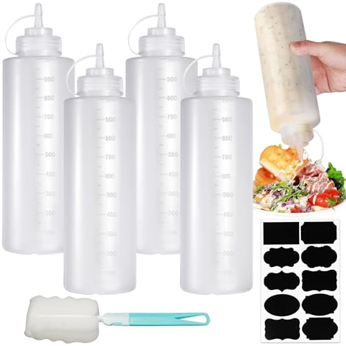 Nadisean 4 Stück Quetschflasche 1000ML, Squeeze Flasche 32oz, Kein Leck groß Saucenflasche mit Kappen, Plastik Condiment Squeeze Bottle mit 1 Reinigungsbürste und 10 Aufklebern für Ketchup Sauces