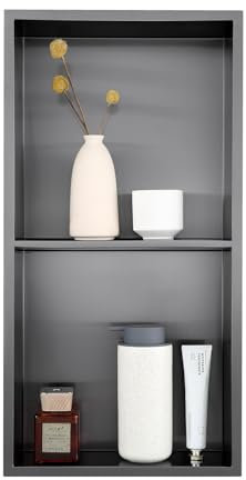 KINKIBOS Niche de douche murale en acier inoxydable Antrahzit, pas de carrelage nécessaire, niche de douche encastrée 60 x 30 x 10 cm, niche de douche double étagère, gris noir