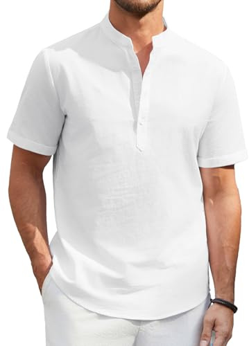 Enlision Chemise Homme Lin Blanche Manches Courtes Col Mao Été Chemise Homme ete Leger Décontractée Classique Boutonnées Plage Henley Shirt L