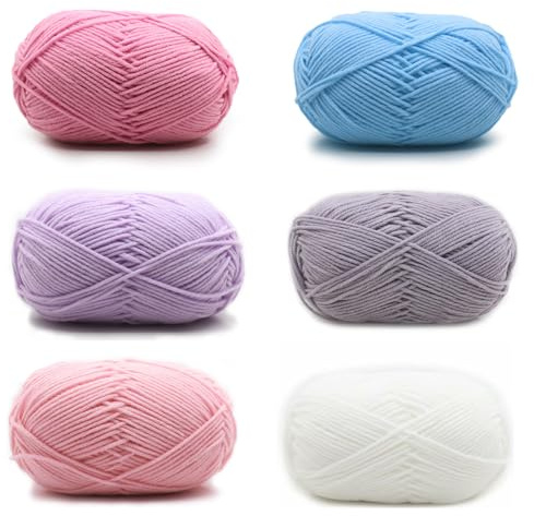 Hilo de ganchillo de algodón, 6 unidades de hilo para ganchillo, ovillo de lana pastel, 50 g de hilo para tejer a mano, hilo de algodón, 6 colores en paquete de lana acrílica, para ganchillo y