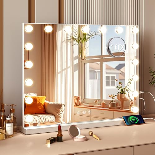 Saimeihome Hollywood spegel med belysning, sminkspegel med 17 LED-ljus, 3 ljusfärger och ljusstyrka, dimbar, 60 x 50 cm touch-kontroll, sminkspegel för bord och vägg