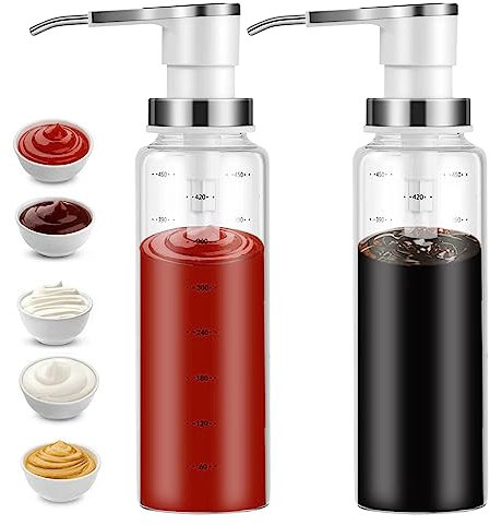 Saucenpumpenspender, Kaffeesirupspender, 2 x 500 ml Glasflasche mit Edelstahlpumpen, auslaufsicher, Pumpen in Lebensmittelqualität für Honig, Sirup, Öl, Gewürze, Salatdressings (2X)