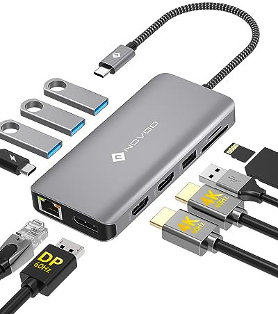 NOVOO 11 in 1 Docking Station, Hub Multiporta con Triplo Display 2 HDMI 4K@60Hz & DP 4K@120Hz, Ethernet RJ45, PD 100W, 4 Porte USB, Lettore SD/TF, Compatibile con MacBook, Dell, HP, Surface