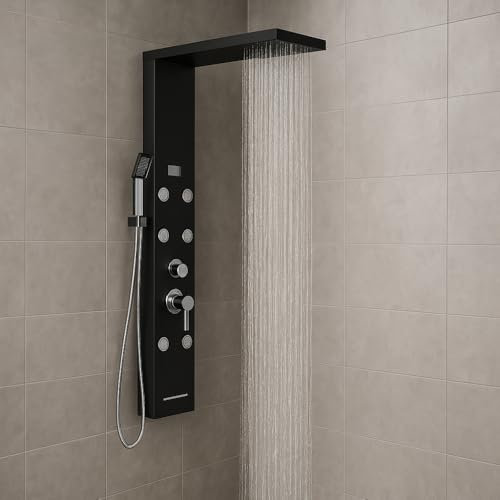 Colonna Pannello Doccia Nero Satinato 4 Funzioni York-1 Black Display Controllo Temperatura Cascata Getto 6 Idrogetti Lombari Doccetta con Flessibile