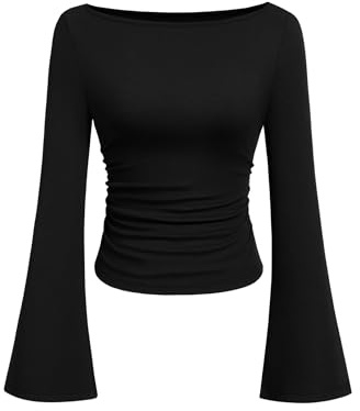 PRETTYGARDEN Womens Long Sleeve Shirts 2026 Spring Crop Going Out Tops Casual Boat Neck Bell Sleeve Ribbed Ruched Y2K Clothes (Black,X-Large)