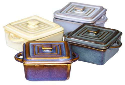 Set Of 4 Square Reactive Glaze Mini Casserole Dishes Stoneware Oven Pots Lids
