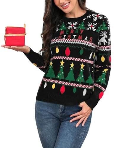 Totatuit Pull Noël Femme Pull Moche de Noël Hiver Tricot Doux Chaud Original Vetement Noël Cadeau Idée Fête Noir，XL