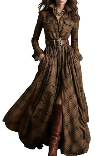Robe Maxi à Carreaux pour Femme 2025 Automne Western Vintage Français Rétro Ethnique Style Pastoral Col en V Revers Manches Longues Boutonnée, kaki, S