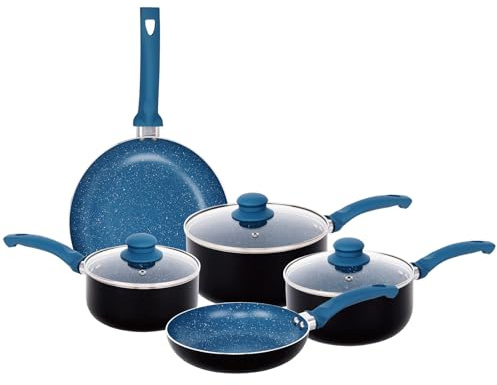 Gr8 Home Aluminium 8 Piece Marble Stone Effect Non Stick Cookware Set Ceramic Induction Frying Pan Saucepan with Lid Cooking Kitchenware (Blue)