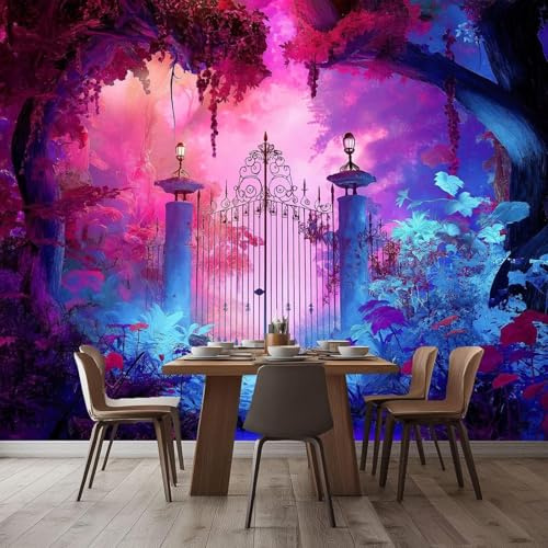 Fotomural, puerta de jardín de hierro, mural de pared con efecto 3D, mural para sala de estar, dormitorio, papel tapiz con motivo para pared de fondo de TV en habitación infantil, 300 cm x 210 cm