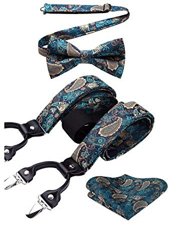 HISDERN Tirantes Hombres Azul Verde en Forma de Y con 6 Clips Conjunto de Tirante y Pajaritas Ajustables para Hombre