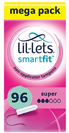 Lil-Lets Non-Applicator Super Tampons X 96, (6 Packs of 16 Tampons), for Medium to Heavy Flow, 3 Droplets, Plant-Based, SmartFit Non-App Tampon