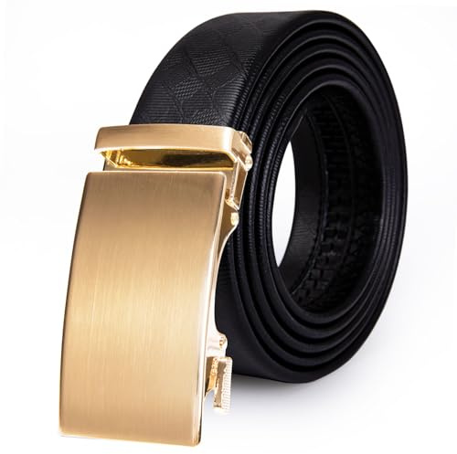 Barry.Wang Solid Gold Belt Black Leather Strap Waist Belt Buckle Automatic Business Mens Gift
