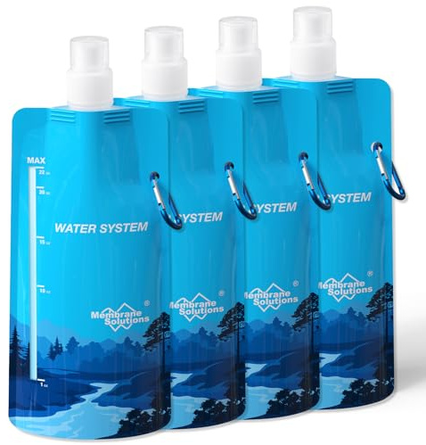 Membrane Solutions Collapsible Water Bottle 23oz, Foldable Pouch Water Bottle with Carabiner, BPA-Free, Leakproof for Traveling Camping Hiking Cycling Yoga Sports Outdoor Essentials 4 Pack