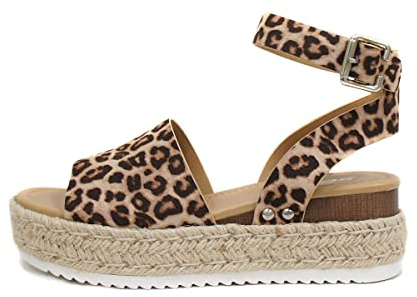 Sandalias Mujer Plataforma Esparto Verano Casual Alpargatas de CuñA, Peep Toe Sandalias CóModas Verano Mujer Boca de Pez con Correa Tobillo Planas Bohemias Zapatos de Playa(Size:EU38,Color:leopardo)