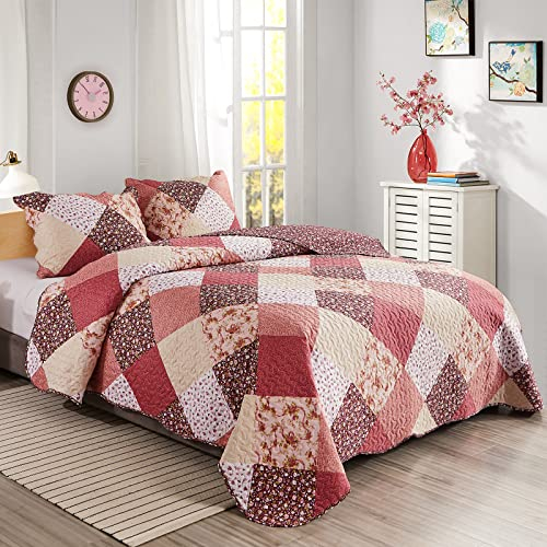 Qucover Quilted Bedspreads King Size, Multicolour Print Red Pink Beige Patchwork Quilt with 2 Pillow Shams, Lightweight Soft Microfiber Floral Reversible Coverlet Set for All Seasons