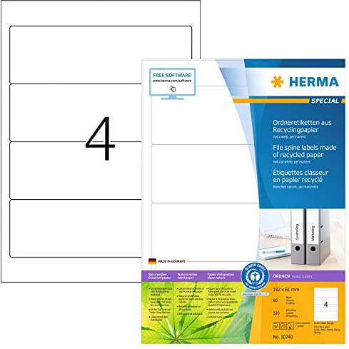 HERMA 10740 Återvunnen mappbaksida etiketter DIN A4, kort/bred (192 x 61 mm, 80 ark, återvunnet papper) självhäftande, utskrivbara, permanenta självhäftande mappetiketter, 320 ryggskyltar, naturvit