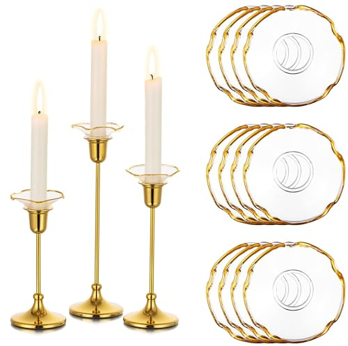 Glasseam Bobeches Candele in Vetro Portacandele, Oro Bordo Candela Bastoni Titolare Wax Catchers, 12pcs Chic Candela Drip Protector per Portacandele Set, Portacandele A Goccia per La Decorazione