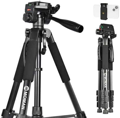 Moman Kamera Stativ, TP59F Aluminium Leichte Camera Dreibeinstative mit Kopf 150cm Höhe DSLR Fotostativ Maximale Tragfähigkeit 6KG Verstellbares Tragbares Reisestativ, Handy Tripod Ständer