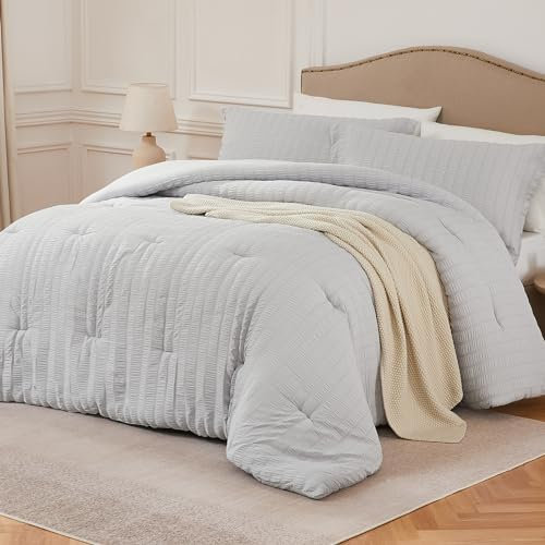 Quataly Juego de ropa de cama Queen en gris claro – Juego de ropa de cama de seersucker de 3 piezas (1 edredón y 2 fundas de almohada) – Universal para todas las estaciones, acogedor, moderno