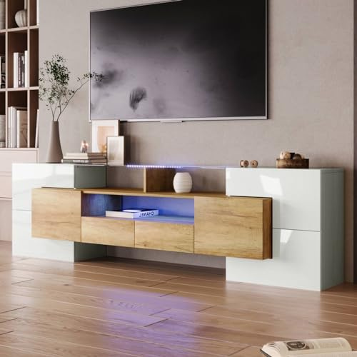Sweiko Meuble TV bas avec éclairage LED, commode avec beaucoup d'espace de rangement, forme unique avec surfaces en verre, design moderne (blanc brillant et couleur bois)