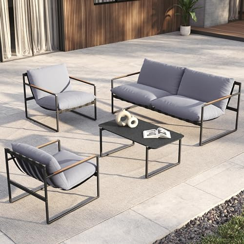 Grand patio Garden Furniture Set, Outdoor Table and Chairs Set 4 with Cushions, Include 1 Coffee Table, 1 Sofa, 2 Armchairs, Balcony Furniture Sets for Backyard, Living Room (Grey)
