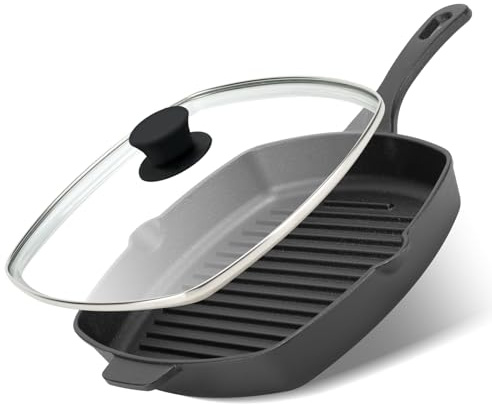 Northriver Casting 10.5 Inch Cast Iron Square Grill Pan with Tempered Glass Lid, Heavy Steak & Bacon Pans for Stove Tops