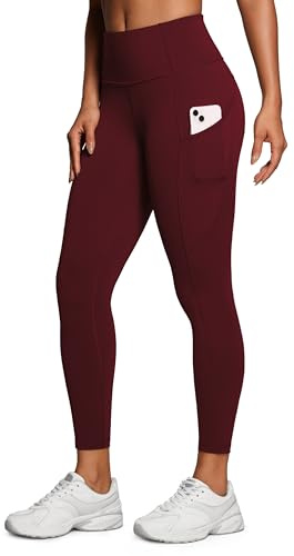 CRZ YOGA Damen Naked Feeling Sport Leggings mit Taschen High Waist Sporthose Gym Blickdicht Yogahose - 64cm Roter Merlot 36