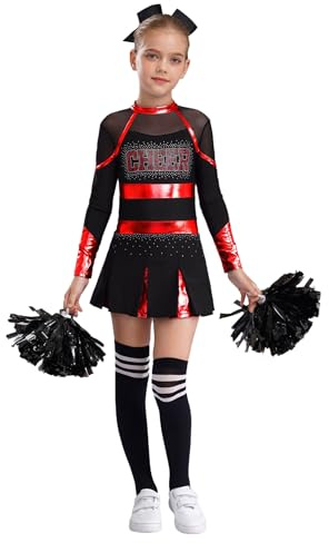 Miaeowve 4 Pcs Girl Cheerleading Uniform Dress Cheer Leader Costume Cosplay Outfits for Kids Halloween Carnival Dress up Red&Black 11-12 Years