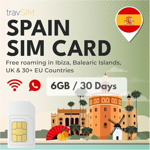 travSIM Spanien SIM-kort | 6 GB data med 4G/5G-hastigheter | Obegränsade samtal | Använd Spaniens SIM-kort i Storbritannien och 30+ EU-länder | Planen på SIM-kortet för Spanien gäller i 30 dagar