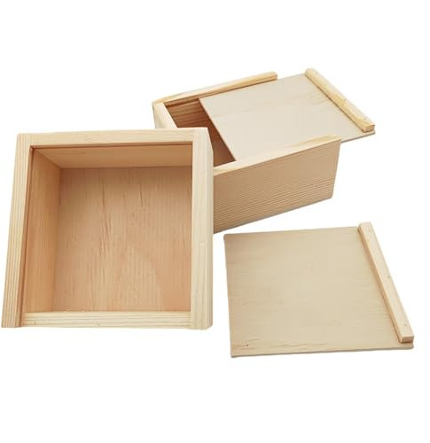 Anktily Confezione da 2 scatole in legno grezzo con coperchio scorrevole, in legno naturale, vuote, per gioielli, fai da te, arti e mestieri hobby (10 x 10 x 5 cm)