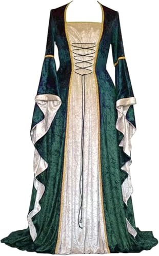 Velcoxplay Abito retrò medievale da donna in velluto con maniche a tromba, stile medievale, regina vittoriana, rinascimentale, Halloween, carnevale, costume gotico, verde, M