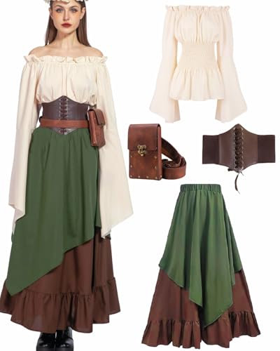 kasahara 5pcs Mittelalter Kleidung Damen Set, Retro Off Shoulder Bluse Kleid Renaissance Kostüm Victorian Bekleidung Maxi Dressm mit Corsett, Gürteltasche, Gürtel, Karneval Faschingskostüm (Green, S)