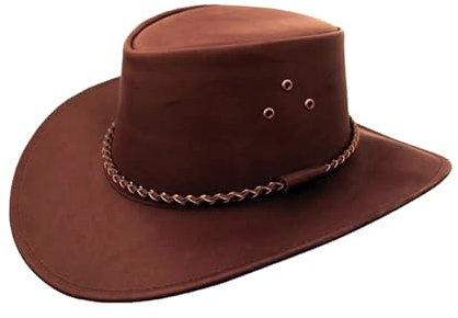 Outbacker Cowboy Leder-Hut mit Rundkordel und geschwungener Krempe in braun und schwarz, Größe S und XXL Farbe braun, Größe XXL | 62-63 cm