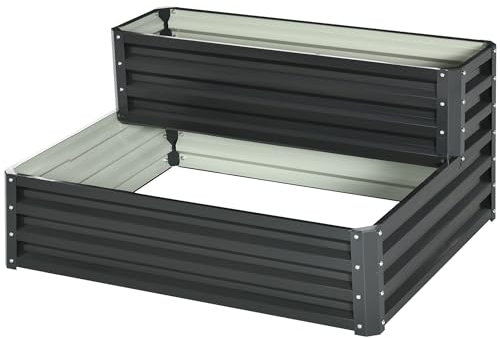Outsunny 2 Tier Galvanised Raised Garden Bed with Open Bottom, Outdoor Steel Planter Box for Flowers, Vegetables and Herbs, 120 x 101 x 58 cm, Dark Grey