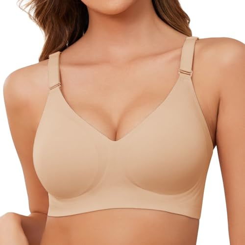 Lonya Bras for Women Push Up Seamless Non Wired Support Full Coverage Ladies V Neck Wireless Bra Comfort Adjustable Padded Zero Feel Bralettes, Skin, M