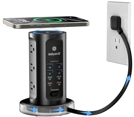 Kakyanill 115W USB Charging Station, Surge Protector Power Strip Tower, 9 AC Outlets with 8 USB Ports(4 USB-C), 6Ft Flat Plug Retractable Extension Cord, for Home Office Dorm, Black