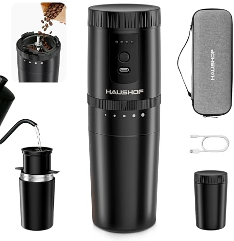 HAUSHOF Molinillo de Café Eléctrico Portátil Inalámbrico con Sistema de Infusión Manual, 5 Niveles de Molienda Ajustable, Taza Térmica de Viaje, Recargable USB-C para Camping, Senderismo y Oficina
