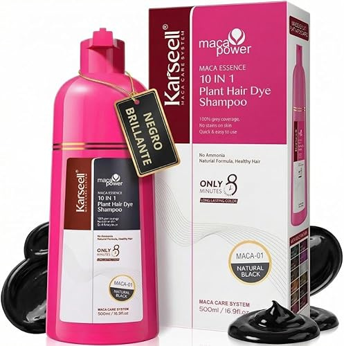 Karseell MACA CARE SYSTEM Champú Tinte Negro Natural Cobertura Canas Instantáneo Aceite de Argán Queratina Hidrolizada Cabello Seco Y Dañado 5 Minutos Sin Parabenos Sin Siliconas 500ml