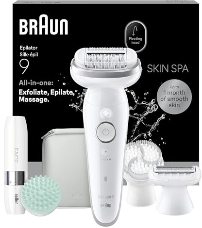 Braun Silk·épil 9 SkinSpa Epilator, All-in-One Set, Electric Hair Remover with Pivoting Head, Wet & Dry Lady Shaver, with Exfoliation Brush, Massage Pad and Grooming Attachments, Silver 9-381